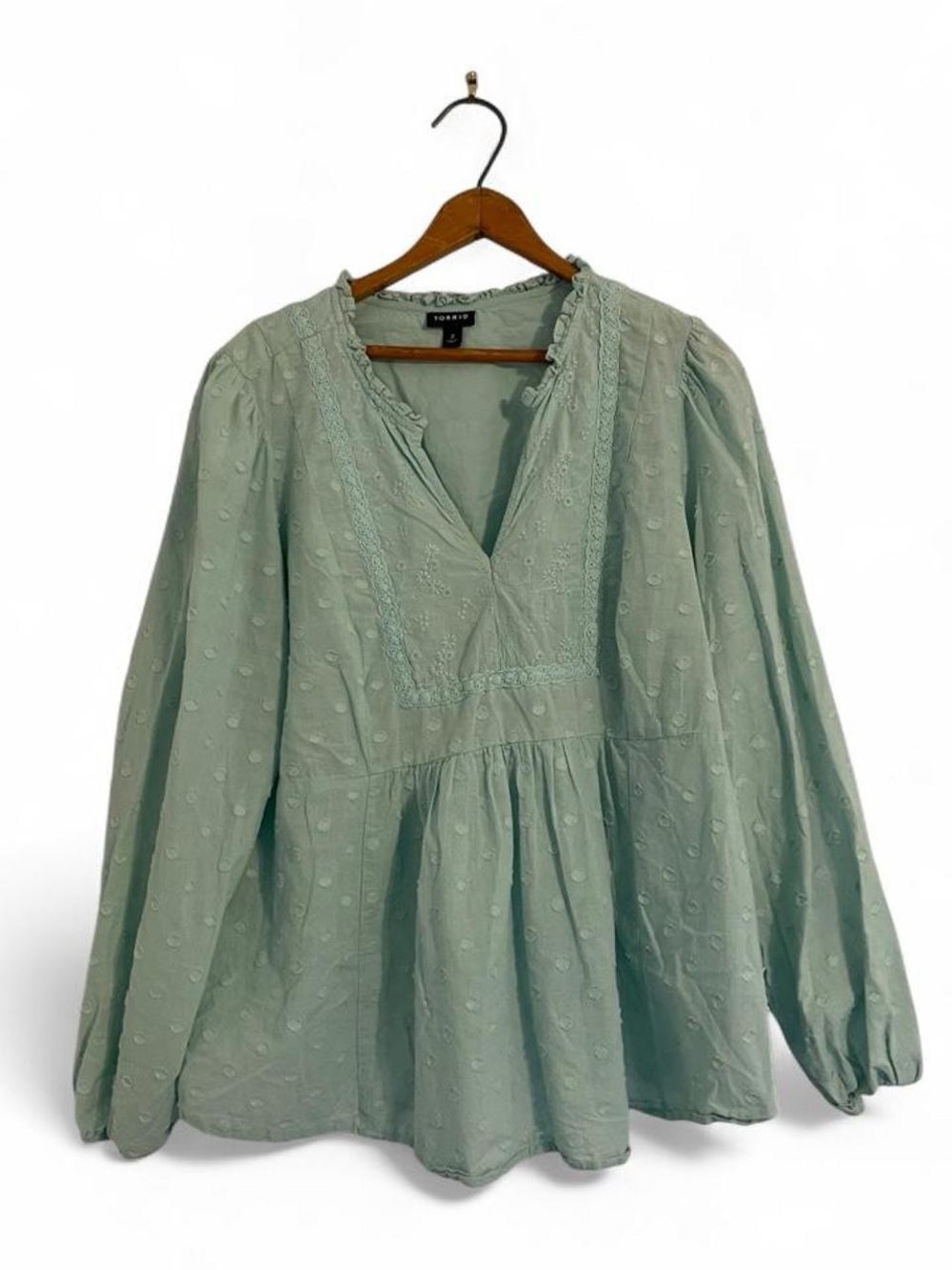 Torrid Size 2 Women's 2X 100% Cotton Teal Cottagecore Lace Balloon Sleeve Top